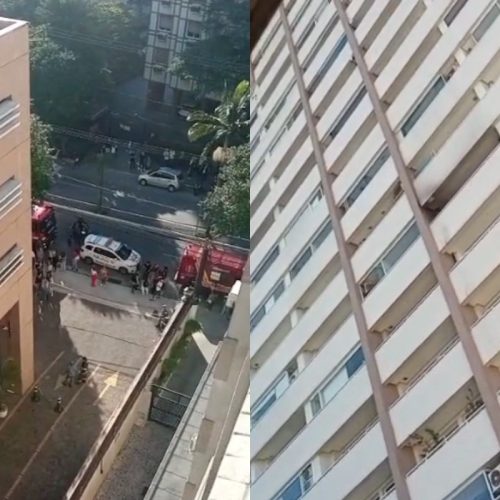  1 de 1O prédio comercial Helbor Offices precisou ser evacuado após um incêndio atingir a sacada de um escritório em Santos, SP. — Foto: Sergio Pereira 