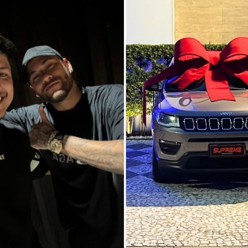  1 de 2Rodrigo Morgado ao lado de Neymar (à esq.) e carro sorteado para auxiliar contábil (à dir.) — Foto: Redes Sociais e Reprodução 